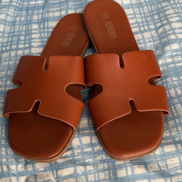 Rihero Women's Brown Square Toe Slide Faux Leather Sandals Size 8 - Picture 5 of 5
